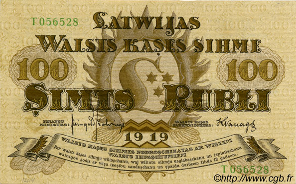 100 Rubli LETTLAND  1919 P.07f VZ