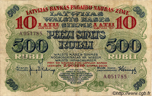 10 Latu sur 500 Rubli LATVIA  1920 P.13a VF+