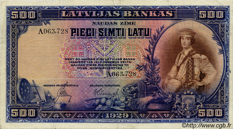 500 Latu LATVIA  1929 P.19a VF