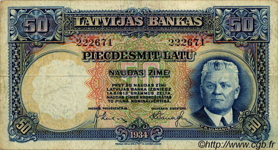 50 Latu LATVIA  1934 P.20a F
