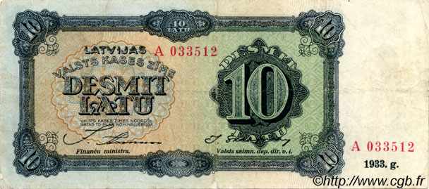 10 Latu LETONIA  1933 P.25a BC+