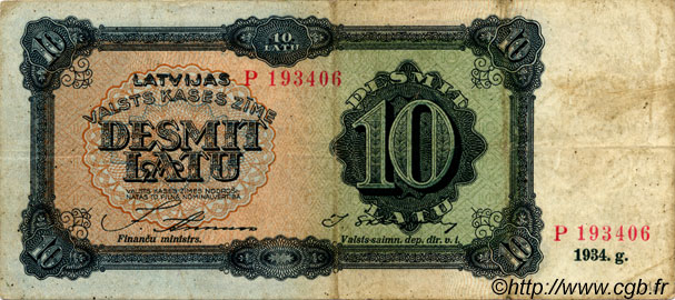 10 Latu LETTONIA  1934 P.25c MB