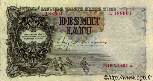 10 Latu LATVIA  1937 P.29a VF+