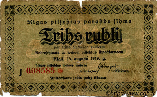 3 Rubli LETONIA Riga 1919 P.-- RC