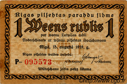 1 Rublis LATVIA Riga 1919 P.-- VF