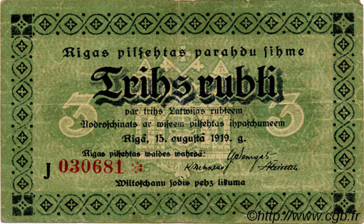 3 Rubli LETONIA Riga 1919 P.-- BC+