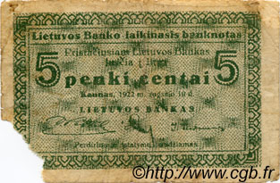 5 Centai LITHUANIA  1922 P.02a G