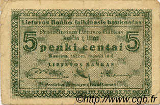5 Centai LITHUANIA  1922 P.02a F
