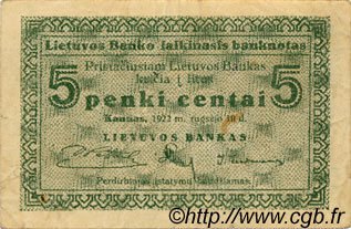 5 Centai LITUANIA  1922 P.02a BC+