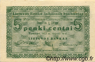 5 Centai LITHUANIA  1922 P.02a AU