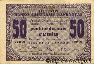 50 Centu LITHUANIA  1922 P.04a VF+
