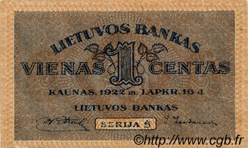 1 Centas LITHUANIA  1922 P.07a AU+