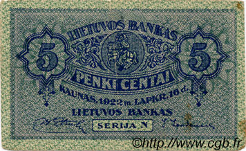 5 Centai LITUANIA  1922 P.09a BC a MBC