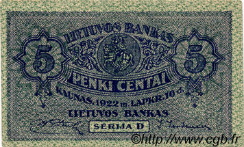 5 Centai LITHUANIA  1922 P.09a AU