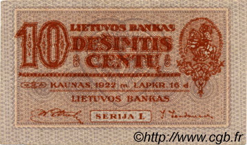 10 Centu LITUANIE  1922 P.10a TTB