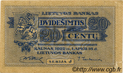 20 Centu LITAUEN  1922 P.11a VZ+