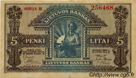5 Litai LITHUANIA  1922 P.16a XF