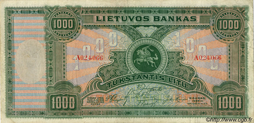 1000 Litu LITUANIA  1924 P.22a MBC