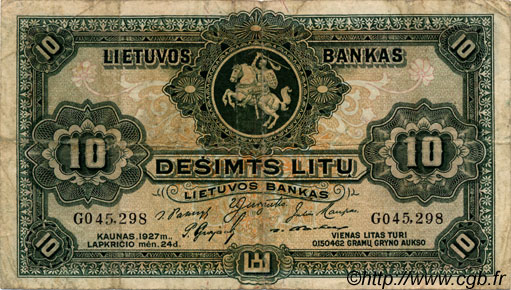 10 Litu LITHUANIA  1927 P.23a F