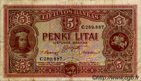 5 Litai LITHUANIA  1929 P.26a F