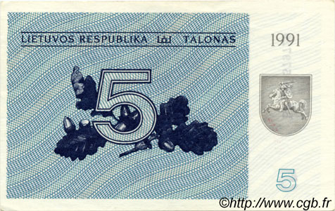 5 Talonas LITHUANIA  1991 P.34a XF