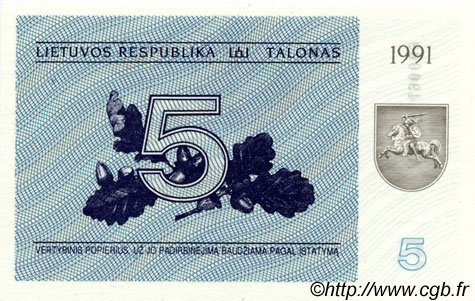 5 Talonas LITHUANIA  1991 P.34b UNC