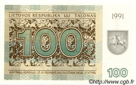 100 Talonas LITHUANIA  1991 P.38b UNC