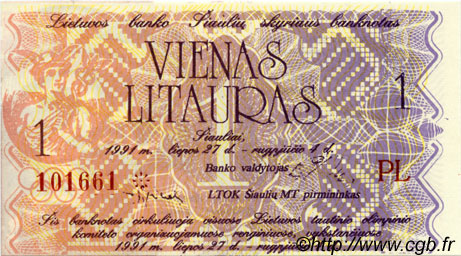 1 Litauras LITHUANIA  1991 P.- UNC
