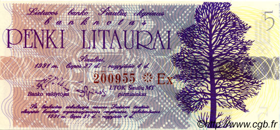 5 Litaurai LITHUANIA  1991 P.- UNC