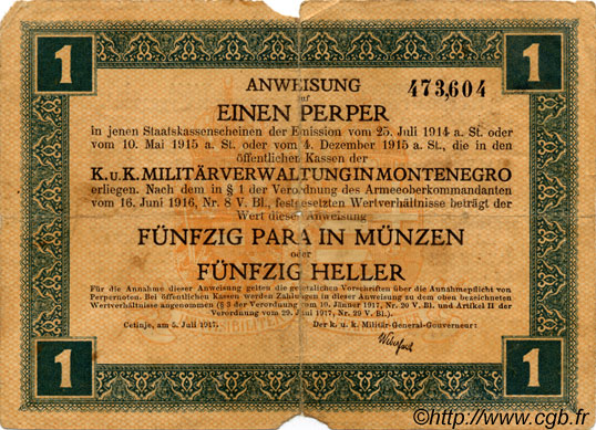 1 Perper MONTENEGRO  1917 P.M.148 fS