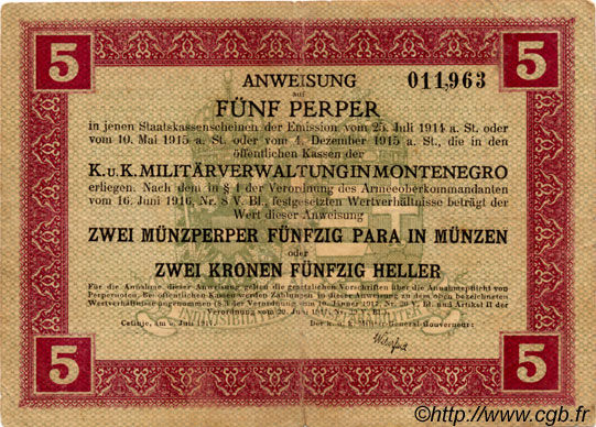 5 Perpera MONTENEGRO  1917 P.M.150 pr.TTB
