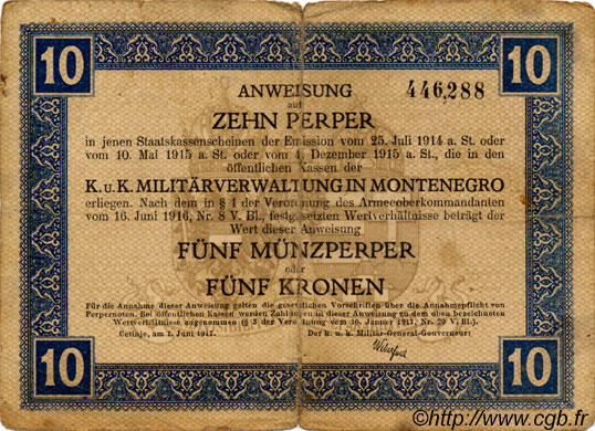 10 Perpera MONTENEGRO  1917 P.M.151 SGE
