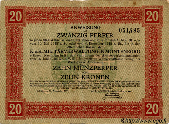 20 Perpera MONTENEGRO  1917 P.M.152 S to SS