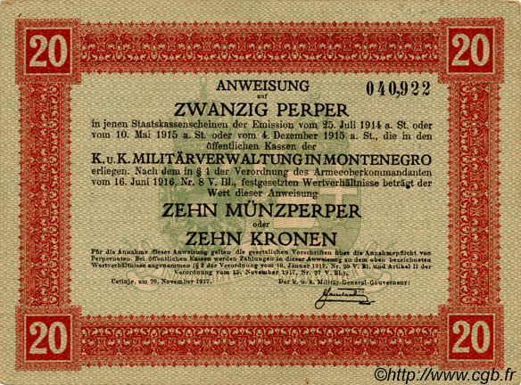 20 Perpera MONTENEGRO  1917 P.M.152 fST