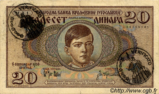 20 Dinara MONTENEGRO  1941 P.R11 q.BB