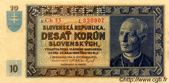 10 Korun Spécimen ESLOVAQUIA  1939 P.04s FDC