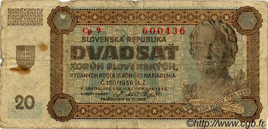 20 Korun SLOVACCHIA  1942 P.07a B