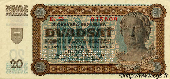 20 Korun Spécimen SLOVAKIA  1942 P.07s UNC
