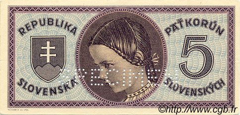 5 Korun Spécimen SLOVAQUIE  1945 P.08s pr.NEUF
