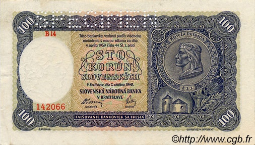 100 Korun Spécimen SLOWAKEI  1940 P.10s VZ+