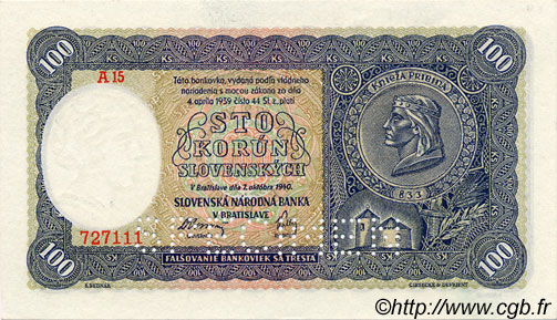 100 Korun Spécimen SLOVAQUIE  1940 P.10s NEUF