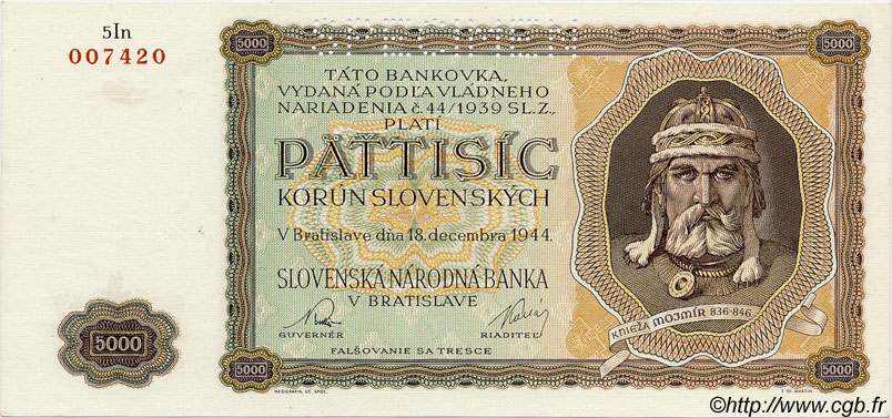 5000 Korun Spécimen SLOWAKEI  1944 P.14s VZ+