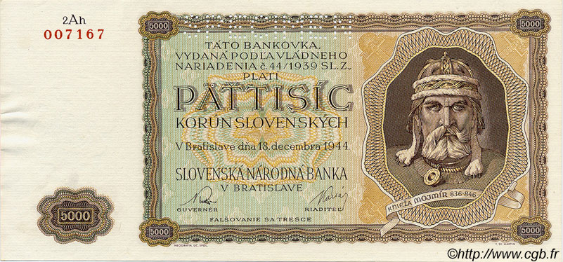 5000 Korun Spécimen SLOVAKIA  1944 P.14s UNC-
