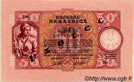 50 Lire Spécimen SLOVENIA Ljubljana 1944 P.R06s UNC