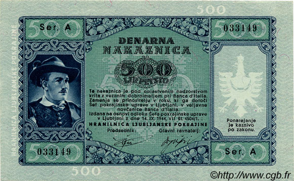 500 Lire SLOVENIA Ljubljana 1944 P.R08 UNC