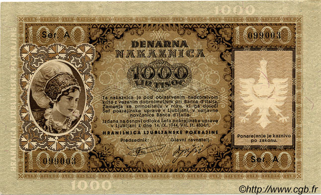 1000 Lire SLOWENIEN Ljubljana 1944 P.R09 fST+