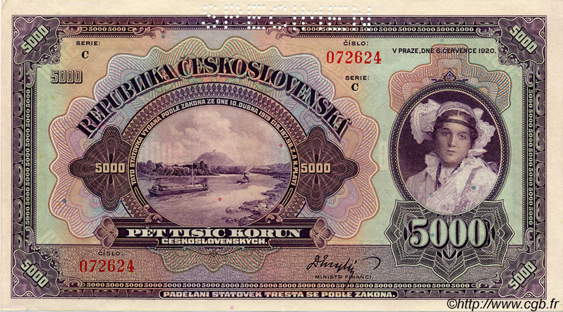 5000 Korun Spécimen TSCHECHOSLOWAKEI  1920 P.019s fST