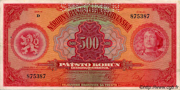 500 Korun Spécimen CZECHOSLOVAKIA  1929 P.024s XF+
