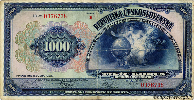 1000 Korun TSCHECHOSLOWAKEI  1932 P.025a fSS to SS