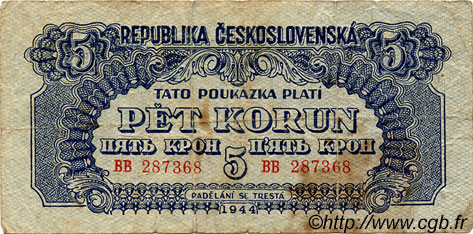 5 Korun CZECHOSLOVAKIA  1944 P.046 F+